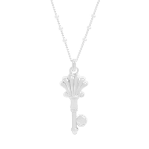S925 sterling silver shell key pendant necklace with delicate bead chain on white background