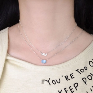 S925 silver double-layer necklace with butterfly charm and oval blue gemstone