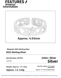 Detail of S925 sterling silver hollow heart ring showing 4.93mm width and dimensions