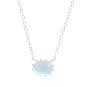 Minimalist S925 silver necklace with oval light blue gemstone on white background