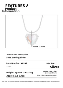 Detail showing S925 sterling silver heart necklace dimensions and material specifications