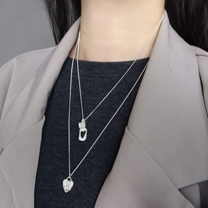 Double-layered S925 sterling silver necklace with textured heart pendants for women