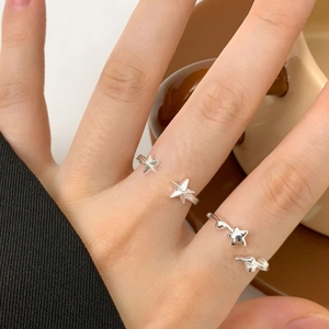 Adjustable S925 sterling silver star ring set with double star and shooting star designs