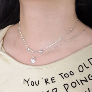 S925 sterling silver double-layer heart lock necklace with sparkling cubic zirconia
