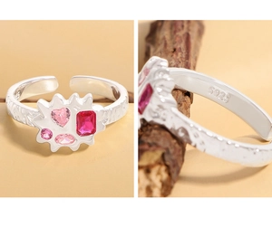 Detail view of S925 sterling silver ring with colorful zircons and lava texture