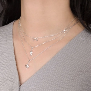 Three-layer 925 silver necklace set with bow and shimmering star pendants for women