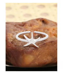 Macro d'une bague étoile de mer en argent S925 avec anneau torsadé et ajustable