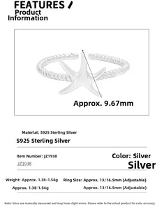 Spécifications détaillées de la bague étoile de mer en argent S925 et tailles