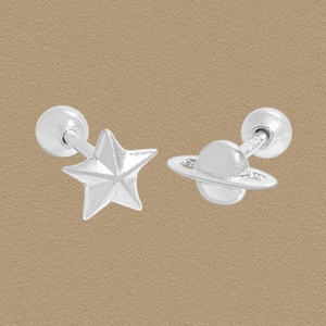 S925 Sterling Silver Asymmetric Star Planet Stud Earrings For Women Minimalist Saturn Celestial Screw Back Earrings Fine Jewelry