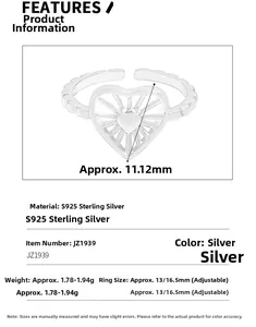 Detailed specs showing S925 sterling silver hollow heart ring with adjustable open band size