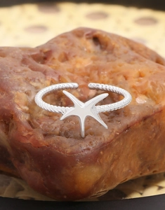 Détail d'une bague étoile de mer en argent S925 avec anneau torsadé sur pierre brute