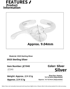 Detailed specs of S925 sterling silver irregular heart ring with adjustable open band