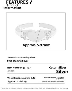 Close-up of S925 sterling silver bow heart ring showing adjustable open design details