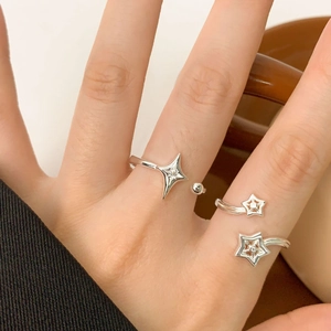 Minimalist S925 sterling silver star-shaped open rings with sparkling zircon accents