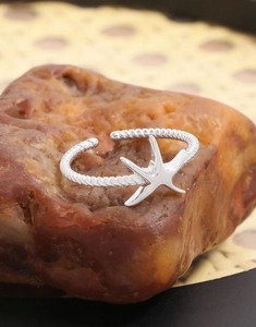Détail de bague étoile de mer en argent avec texture torsadée sur une pierre naturelle