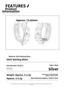 Detailed S925 sterling silver hoop earrings with 14mm diameter and 3mm width dimensions