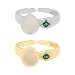 S925 Sterling silver adjustable open ring set with pear-shaped white agate and green stone
