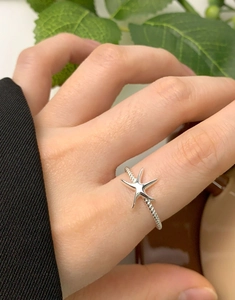 Détail d'une bague étoile de mer avec anneau tressé sur fond naturel de plantes vertes