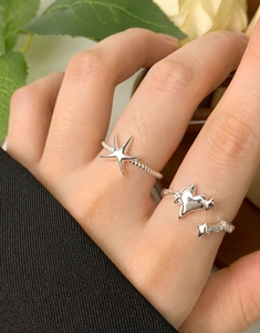 Gros plan de bagues minimalistes en argent avec étoile de mer et cœur sur doigts féminins