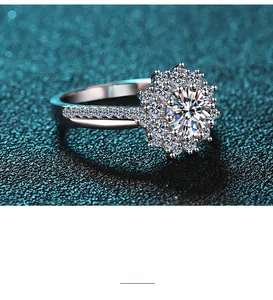 Macro detail of S925 sterling silver luxury halo ring with sparkling 1ct moissanite diamond