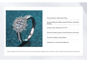 Macro detail of 1 carat moissanite sunflower ring in S925 silver with gold plating