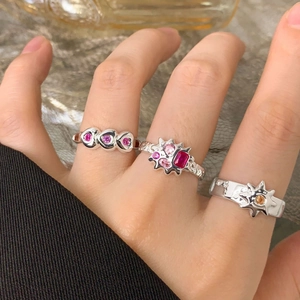 Three-piece set of S925 silver lava rings with colorful zircons and retro star designs