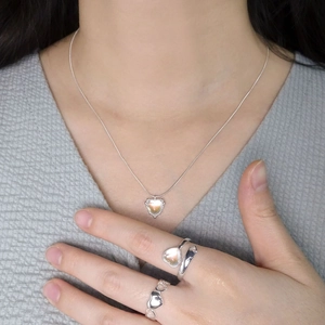 S925 sterling silver heart moonstone necklace and rings set worn by model