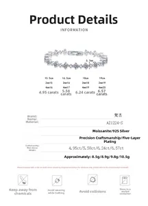 Detail specifications of S925 silver moissanite bracelet with sizing and material info