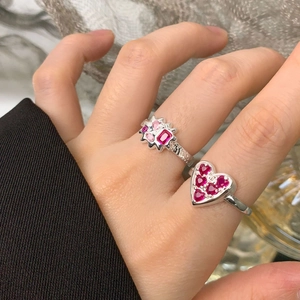 S925 silver lava texture rings with red heart gemstone and pink geometric zircon accents
