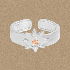 S925 Sterling Silver Sun Starburst Open Ring For Women Vintage Inlaid Orange Rhinestone Adjustable Fashion Finger Jewelry