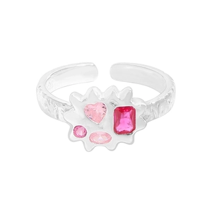 Lava texture S925 silver ring featuring asymmetrical pink heart and oval zircon stones