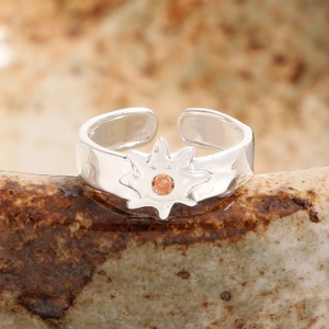 Minimalist S925 sterling silver adjustable sun ring with orange stone on ceramic base