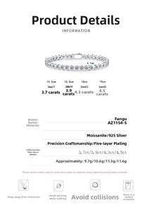 Detailed view of S925 sterling silver moissanite tennis bracelet with sizing and material specs