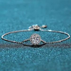 925 Sterling Silver Moissanite Bracelet For Women Sunflower Cluster Round Zirconia Adjustable Sliding Clasp Elegant Jewelry
