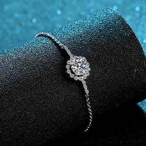 Elegant S925 sterling silver bracelet featuring a 1 carat round moissanite in flower setting