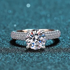 Luxury 2 carat moissanite round cut engagement ring with pave diamond band in s925 silver