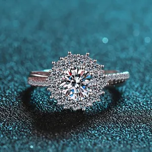 Luxury S925 sterling silver halo ring with 1 carat moissanite and pave diamonds