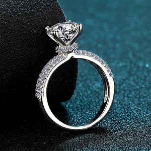 Elegant S925 sterling silver ring with 4-prong round moissanite and pave side stones