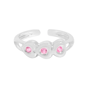 Polished S925 sterling silver open ring featuring three linked hearts with pink zircons