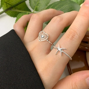 Ensemble de bagues en argent S925 avec motifs étoile de mer et cœur au doigt