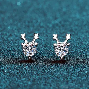 925 Sterling Silver Antler Stud Earrings Moissanite Zirconia Sparkling Deer Horn Design Christmas Party Jewelry For Women