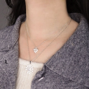 Double-layered S925 sterling silver necklace with heart and daisy zirconia pendants
