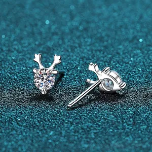 Elegant S925 sterling silver reindeer horn stud earrings with sparkling moissanite stones