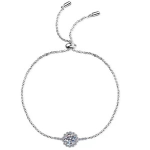 S925 sterling silver slider bracelet with 1 carat round moissanite in flower cluster setting