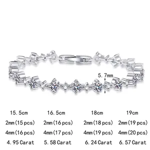 S925 sterling silver moissanite bracelet with size chart showing length and carat weights