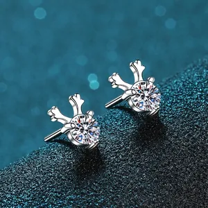 Elegant S925 sterling silver reindeer antler stud earrings featuring round cut moissanite