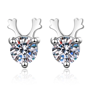 S925 sterling silver reindeer antler stud earrings with brilliant round cut moissanite