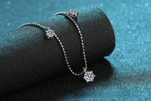 Détail d'un collier en argent S925 avec trois pierres de moissanite rondes