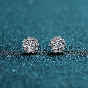 S925 Sterling Silver Moissanite Zirconia Flower Stud Earrings For Women Elegant Halo Jewelry Round Cut Dainty Ear Studs