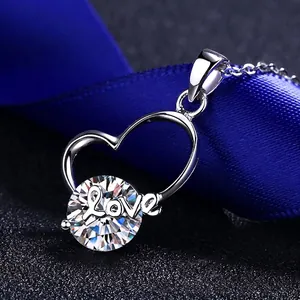 S925 Sterling Silver Heart Pendant Necklace with 2 Carat Moissanite and Love Lettering